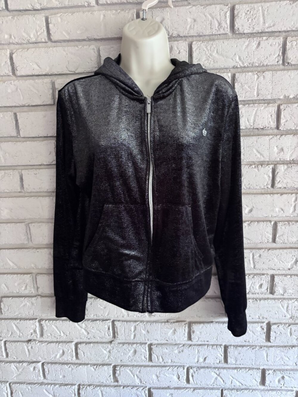 Juicy By Juicy Couture Black & Silver Shine Velour Short Hoodie Full Zip L